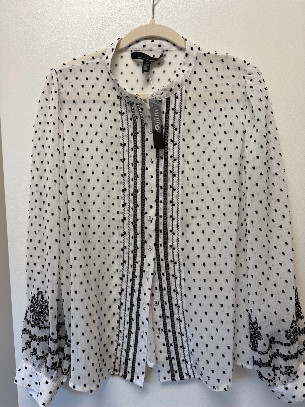 White House Black Market White Button-Down Blouse with Black Embroidered Dots